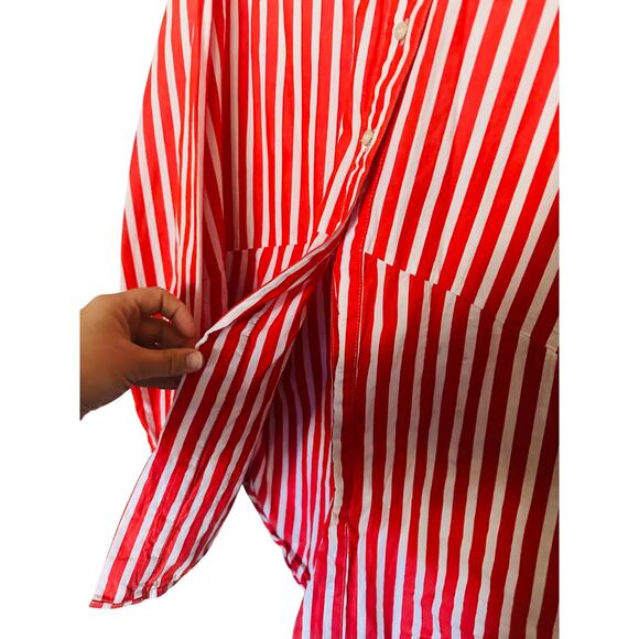 FAVORITE DAUGHTER Red White Stripe Pattern Front Button Open Hem Shirt sz Large - Picture 9 of 13